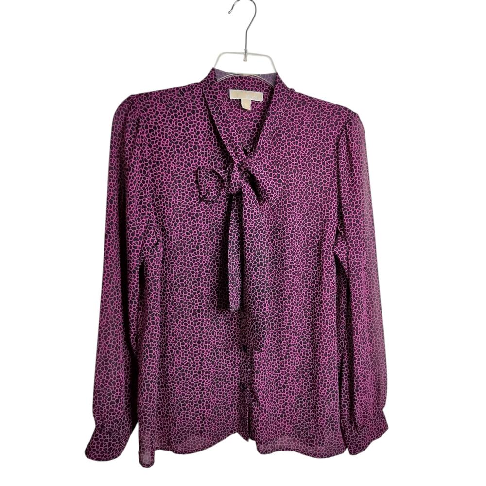 5598) Michael Kors XL Semi Sheer Purple Black Giraffe Print Office Tie Neck Top